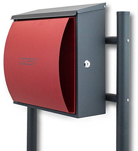 BITUXX® Design Standbriefkasten Briefkastenanlage Seitenschloss und Zeitungsfach Dunkelgrau/Rot