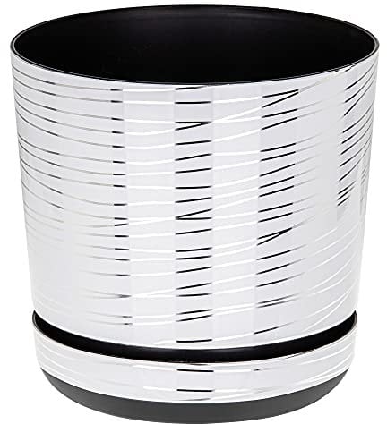 KORAD White with Silver Stripes Indoor Plant Pots with Saucer and Drainage Holes, Round, Modern and Decorative Flowerpot for All Houseplants, 6 sizes, 25 colours (14 cm - 5.5 inch)