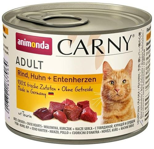 Carny Katzen Nassfutter Rind + Huhn + Entenherzen (6 x 200g), Katzen Nassfutter von animonda ohne Getreide und Zucker, mit frischen fleischlichen Zutaten