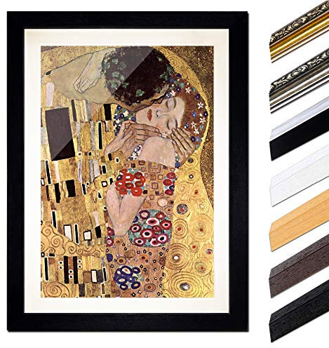 Bild mit Rahmen - Gustav Klimt Der Kuss 20x30 cm ca. A4 - Gerahmter Kunstdruck inkl. Galerie Passepartout Alte Meister - Rahmen schwarz