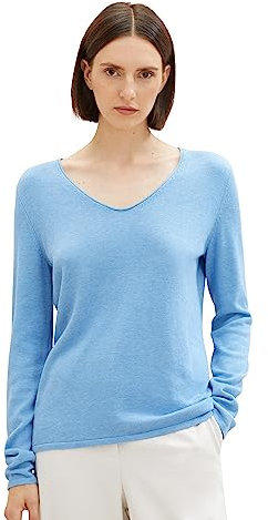 TOM TAILOR Damen Basic Strickpullover mit V-Ausschnitt, 15584 - Sea Blue Melange, XXXL