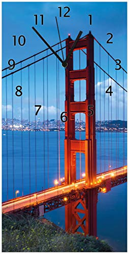Wallario Design-Wanduhr Golden Gate Bridge in San Francisco USA aus Glas, Motiv-Uhr Größe 30 x 60 cm, Schwarze Zeiger