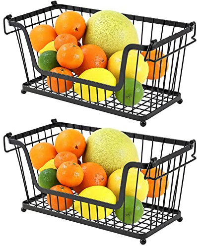 Greenfields® 2 Pack Black Multi-Purpose Stackable Storage Wire Basket Stacking Shelves Fruit Vegetable Kitchen Bathroom Rack Stand Organiser With Handles