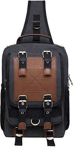 KAUKKO Herren Segeltuch Sling Schultertasche für Schule Trekking 24 * 9 * 33 cm 7.1 L (Schwarz JNL-FD252-3-03)