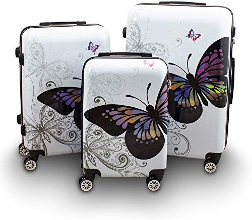 Berwin® Design Koffer Reisekoffer Trolley Hartschalenkoffer Polycarbonat mit 4 Rollen als Set (Butterfly, 3er Set (M/L/XL))