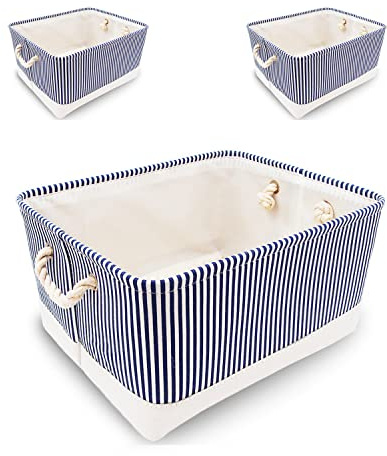 Mangata Collapsible Storage Boxes, Large Canvas Storage Baskets with Rope Handles, 3 Pack (Blue Stripe, Large)