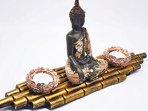 forever-vital Buddha Zen Garten Teelicht-Halter Set Meditation Feng Shui 4 teiliges Meditationshilfe Set Mönch Figur sitzend auf Bambus umgeben von 2 Teelichtern