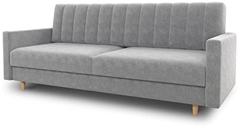 Schlafsofa Sara - Sofa mit Schlaffunktion und Bettkasten, Bettsofa mit Wellenfeder, Schlafcouch mit Holzfüße, Couch vom Hersteller, Couchgarnitur, Velours (Grau (Paros 05))