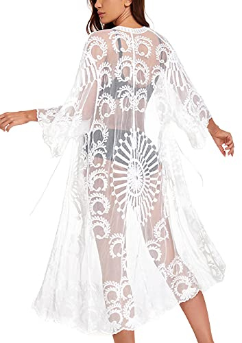 marysgift Women's Swim Cover-ups & Sarongs UK Floral Crochet Beachwear 3/4 Sleeve Cardigan Bathing Suit Lace Kimono Size 6-20