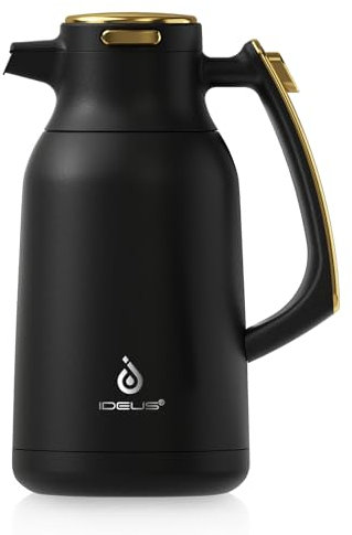 IDEUS Vacuum Insulated Coffee Carafe, 68 oz (2 Liters) Stainless Steel Milk Jug Thermal Tea Pot Hot & Cold Water Beverage Dispenser (Black)