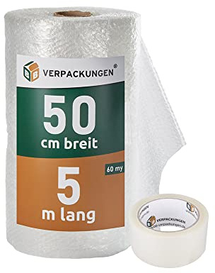 BB-Verpackungen Verpackungsset Luftpolsterfolie 0,5 x 5 m + Klebeband PP28 transparent (Sparpaket zum Verpacken, Polstern, Füllen und Kleben von Gegenständen)