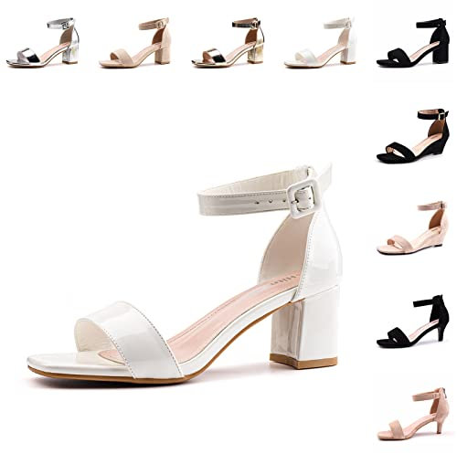 Hitmars Sandali Donna Tacco Medio Sandali Zeppa Cerimonia Cinturino alla Caviglia Scarpe Eleganti Punta Aperta Slingback Estive Blocco 6CM 1 Bianco Taglia 40