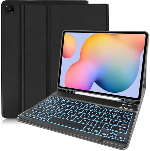 YUEJIDZ Hülle mit Tastatur für Tab S6 Lite 2024,Schutzhülle mit kabellos Abnehmbarer Beleuchteter Tastatur (Deutsches QWERTZ) für Samsung Galaxy Tab S6 Lite 10.4 2024/2022/ 2020,Schwarz