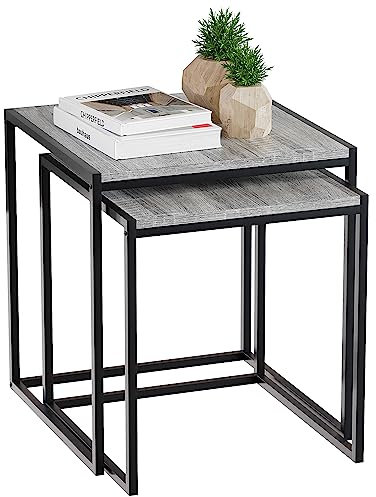 Vida Designs Brooklyn Nest of Tables 2 Piece Set Coffee Side End Tables Industrial Rustic Living Room Furniture (Grey)
