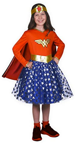 Wonder Woman Fashion costume déguisement fille original DC Comics (Taille 5-7 ans) avec jupe en tulle, Red, Blue