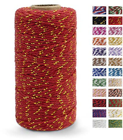 LEREATI Kordel Golden und Rot Bindfaden 2mm x 100m Baumwollfaden Bäckergarn Küchengarn Bastelschnur Paketschnur Dekokordel für DIY Kunstgewerbe Gartenarbeit Geschenke Verpacken Weihnachten