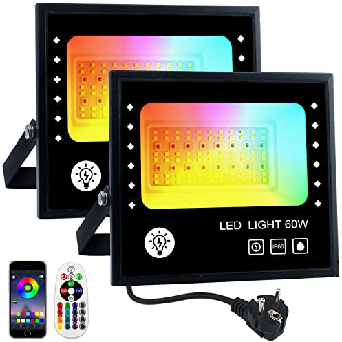 BOSITE 2 Stück RGB Strahler 60W, Led Fluter RGB Dimmbar,LED Strahler Bunt,IP66 Wasserdicht,6500k weißes Licht,Timer,RGBW-Farbwechsel Flutlicht für Club Home Party Baum Bühnenlichter Weihnachten