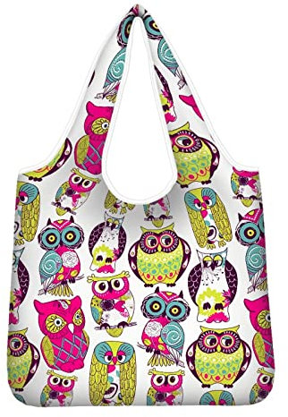 Kuiaobaty Einkaufstasche, wiederverwendbar, faltbar, in einer Tasche, große Familien-Einkaufstasche, Handtasche für Reisen, Bunte Eulen-Vögel, Large