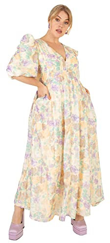 Lovedrobe Womens Ladies Maxi Summer Dress for Plus Size Curve 3-4 Sleeve Puffed V Neck High Empire Waist Long for Summer Party Cream Size 16