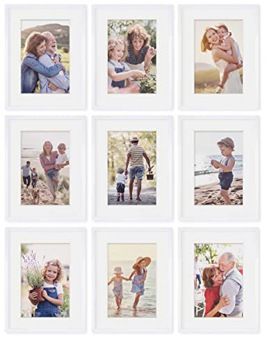PHOTOLINI Bilderrahmen 30x40 Weiss Holz MDF, 9er Set Bilderrahmen 40x30 cm mit Passepartout, bruchsicheres Acrylglas, Rahmen 30 x 40 zum Aufhängen, extra Zubehör - Rahmen 30x40 für Fotos & Poster