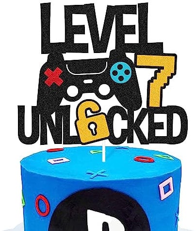 Level 7th Unlocked Cake Topper Game Controller 7s Cake Decoration Happy 7 Birthday Cake Decor Video Play Game Movie Theme Boys Girls Men Women Teenager Bday Party Event Celebration Supplies