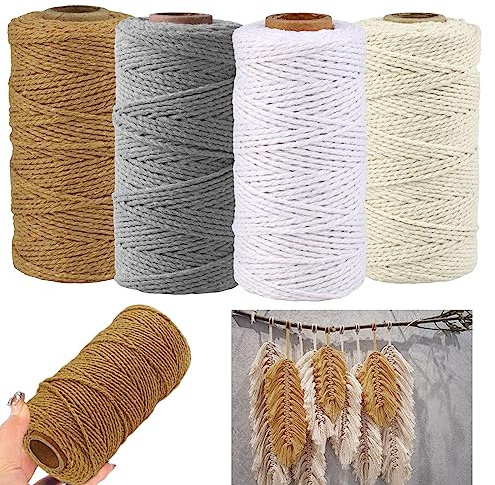 Filato di Cotone Macramè, Fiyuer 4 Pezzi 2mm × 100m Fil de Macramé, Filo di Cotone Naturale per Artigianato Fai da Te Maglia Appendere Decorazione Parete Soggiorno Balcone Camera da Letto