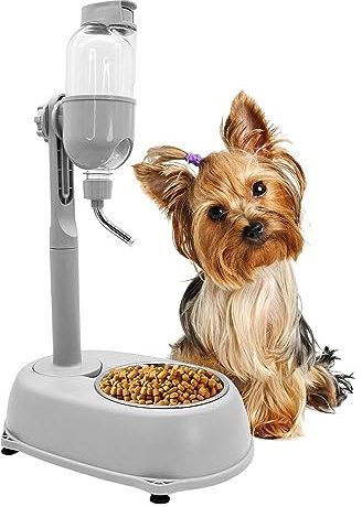 Fhiny Dog Water Feeder Bottle with Stand, Dispenser Automatic Water Food Bowl for Cage Leak-Proof No-Drip Adjustable Raised Pet Slow Water Bottle Dog Kennel Durable Drinker Container