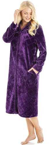 Camille Women's Super Soft Fleece Housecoat - Diamond Emboss Luxury Zip Up Bathrobe - Long Sleeved and Side Pockets Purple 14-16