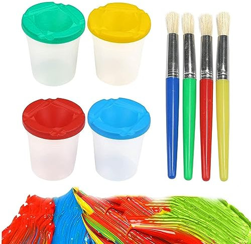 Kinder Farbbecher und Pinsel Set, 4 Farben Pinselbecher Malbecher mit Auslaufschutz Deckel für DIY Kunsthandwerk