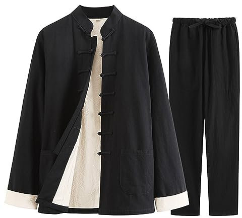 GVILTY Kampfsportanzug – Traditionelle Chinesische Kleidung Für Herren, Tang-Anzug, Kung-Fu-Uniformen, Baumwoll-Leinen, Tai-Chi-Uniform, Langärmelige Hosen, Mantel, Obertei black-3XL