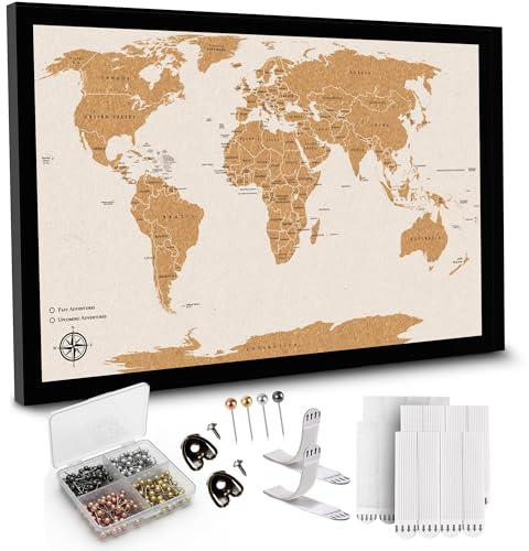 AdventureScape Pinnwand-Reisekarte – Große 76,2 x 50,8 cm Weltkarte Pinnwand mit hochwertigen Pinnnadeln aus Korkplatte – Geschenkidee für Reisende, Partner, junge Erwachsene und Eltern
