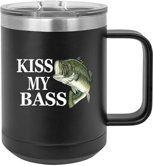 Rogue River Tactical Lustiger Kaffeebecher mit Deckel, Motiv: Fishing Kiss My Bass, robust, Edelstahl, Schwarz, tolle Geschenkidee für Vater, Männer, Angler