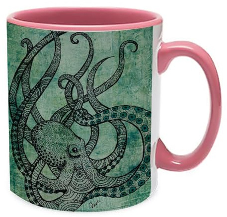Giftme Beautiful Green Octopus Art Painting Porcelain, 11oz Inside Coloured Ceramic Mug. (Pink)
