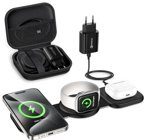 seacosmo Chargeur sans Fil 3 en 1 Magnétique Pliable pour iPhone 16/15/14/13/12/Pro/Max/Plus, Station de Charge pour Apple Watch Ultra 9/8/7/6/5/4/3, Chargeur Induction for AirPods