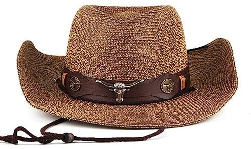 Stroh Cowboyhut Für Männer Frauen Weitkrempe Western Sonnenhut Vintage -Stil Winddichtem Seil Cowgirl Hut Für Strand Im Freien