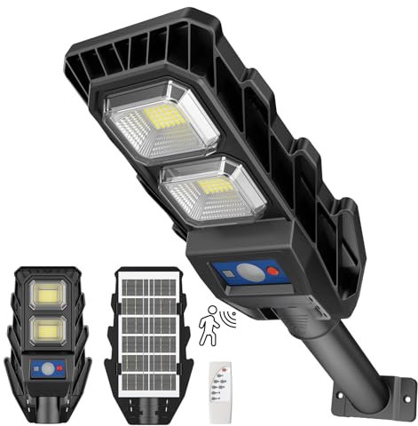 JESLED 60W LED Solarleuchten für Außen mit Fernbedienung，6500K Solar-Straßenlaterne für den Außenbereich mit Bewegungsmelder, IP65 wasserdicht ist für Straßen, Innenhöfe, Garage, Gärten geeignet