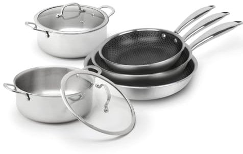 Qdesign - Set de 3 Poêles 20/24/28 cm en Acier Inoxydable Triply Revêtement Nid d'Abeille Antiadhésif + 2 Faitouts 22/26 cm + 2 Couvercles en Verre 22/26 cm