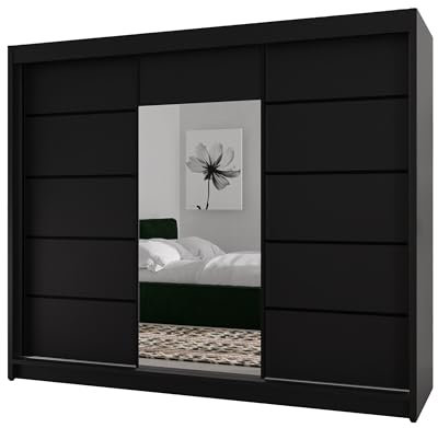 BEAUTY SOFA Monika - Schrank mit Spiegel - Kleiderschrank mit Schiebetüren - Schubladen im Inneren - Garderobenschrank, Mehrzweckschrank, Flurschrank, 200 cm breit - Schrank Schwarz Schwarze Sprossen