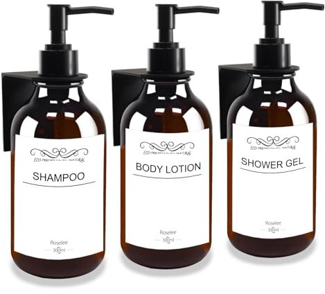 Roselee 3er Set Seifenspender Wandmontage Braun 300ml Kunststoff Pumpspender mit Trichter und wasserdichten Etiketten