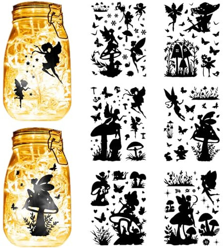 CREATCABIN 6 Blatt Feen-Engel-Einmachglas-Aufkleber,Pilz-Aufkleber,Stanzschnitte,Silhouetten,Selbstklebend,PVC,Wasserdicht,Für Bastelarbeiten,Scrapbook,Laternen,Gläser,Wand,Fenster,20x15cm