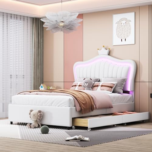 Dolamaní Polsterbett Jugendbett Mädchen Bett 90x200 cm mit 2 Stauraum Schubladen, PU-Leder, Einzelbett mit Lattenrost, Polster Kopfteil-Prinzessinnen-Krone, White