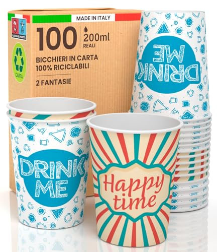 100 Bicchieri in Carta 200ml Biodegradabili Ecologici Monouso Made in Italy MIX di Fantasie DRINK ME + HAPPY TIME Asporto Bevande Calde Acqua - Prodotto e Confezionato in Italia