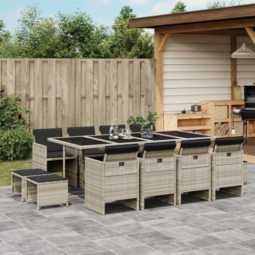 13-tlg Garten-Essgruppe mit Kissen hellgrau Poly Rattan platzsparende Aufbewahrung dick gepolsterte Sitzkissen UV-beständig für Garten Terrasse Hinterhof