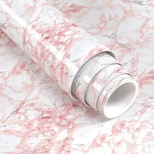 XRUIBZI Pink Marble Wallpaper 60cmx1000cm Sticky Back Plastic Worktop Vinyl Covering Pink Kitchen Contact Paper Self Adhesive Waterproof Wall Paper for Kitchen Countertop Wall