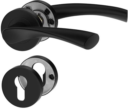 ERGO line ROMA Poignée de porte d'intérieur, noire, pour portes équipées d'une serrure à cylindre, paire de poignées de porte sur rosaces rondes, noire mate, acier inoxydable, poignée