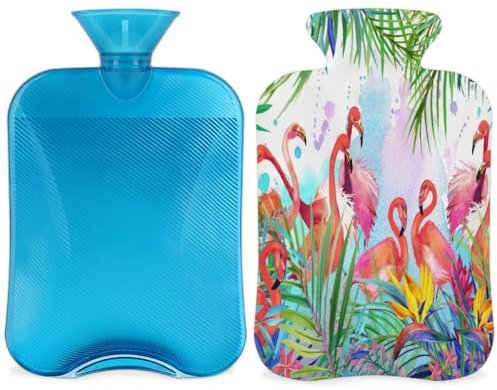 Wärmflasche mit tropischem Flamingo, mit Bezug, Flamingo-Palme, 2 l, Wärmbeutel zur Schmerzlinderung, Nacken- und Schulter-, Hand-, Fußwärmer, heiße und kalte Kompresse