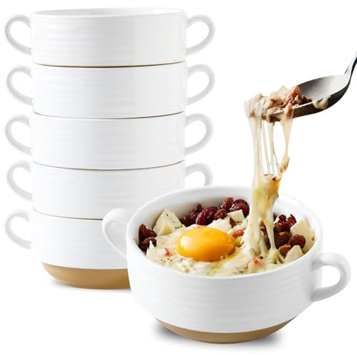Hasense French Onion Soup Bowls, 24 Ounces Ceramic Soup Bowls with Handle, Perfect for Chili, Stew, Pot Pies, Stackable Serving Dishes for Entertaining Set of 6, Microwave Dishwasher Safe, White