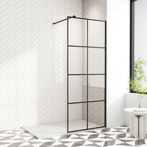 AQUARA 700 x 1900mm Walk-in Shower Glass Panel | 8mm Easy Clean Toughened Saftey Glass with Support Bar Black Grid Shower Enclosure