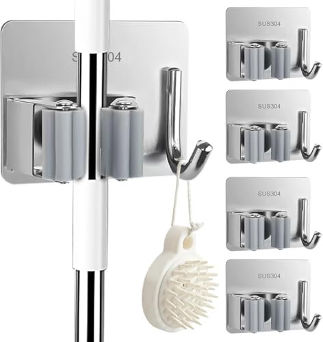elook 5 PCS Broom Holder Wall Mounted, Stainless Steel Self Adhesive Mop Broom Holder with Hooks Hanger, Mop Holder for Bathroom Kitchen Office Closet Garden Garage - Silver