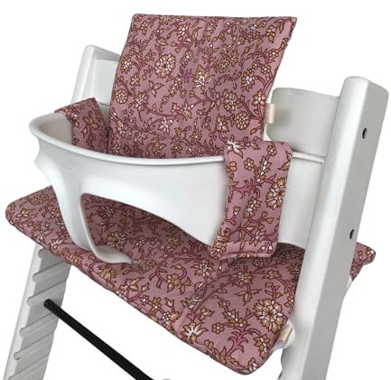LUCCA kids Cojín para trona Tripp Trapp Stokke - revestimiento plastificado para fácil limpieza - hecho a mano en España (ocre rosa flores)